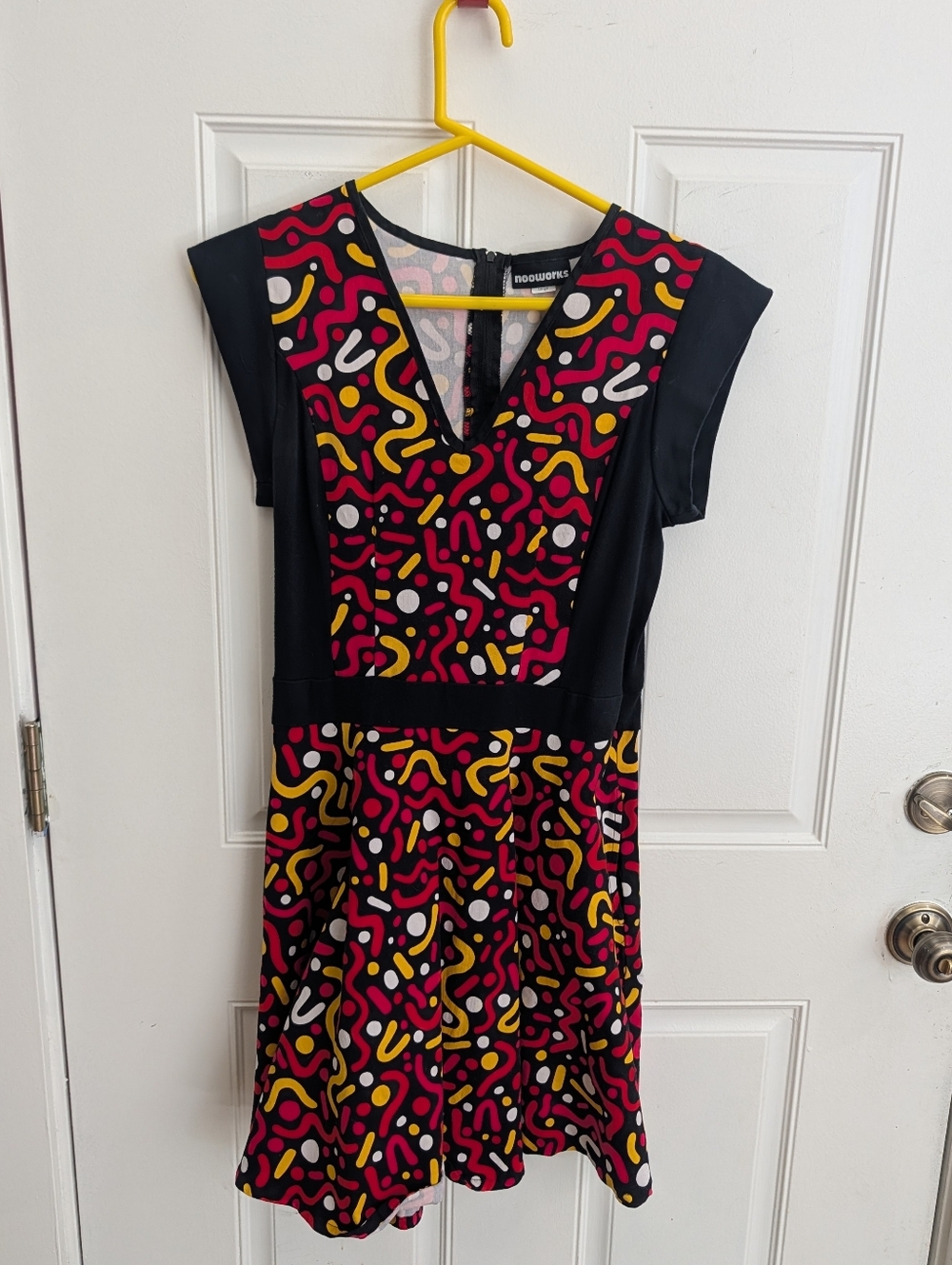 Nooworks Black Fit And Flare Dress, Red, Yellow & White Abstract Print